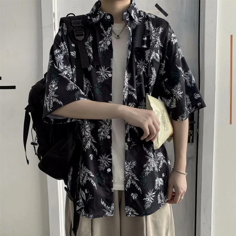 Ruffian Shuai black shirt men's summer thin Hawaiian short sleeve floral design shirts vintage clothes Low price At a loss | Мужская