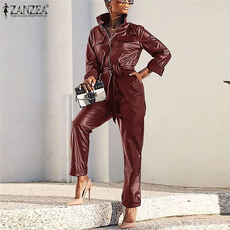

ZANZEA 2021 Vintage Leather PU Jumpsuits Slim Belted Playsuits Female Work OL Bodysuits Women Stylish Long Sleeve lapel Rompers
