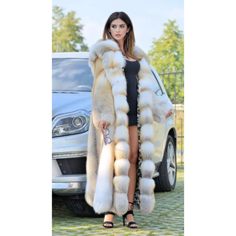 FURSARCAR 2021 New Luxurious Real Natrual Golden Fox Fur Jacket With Hood Thick Fashion 120cm X-Long Women Winter Fur Coat