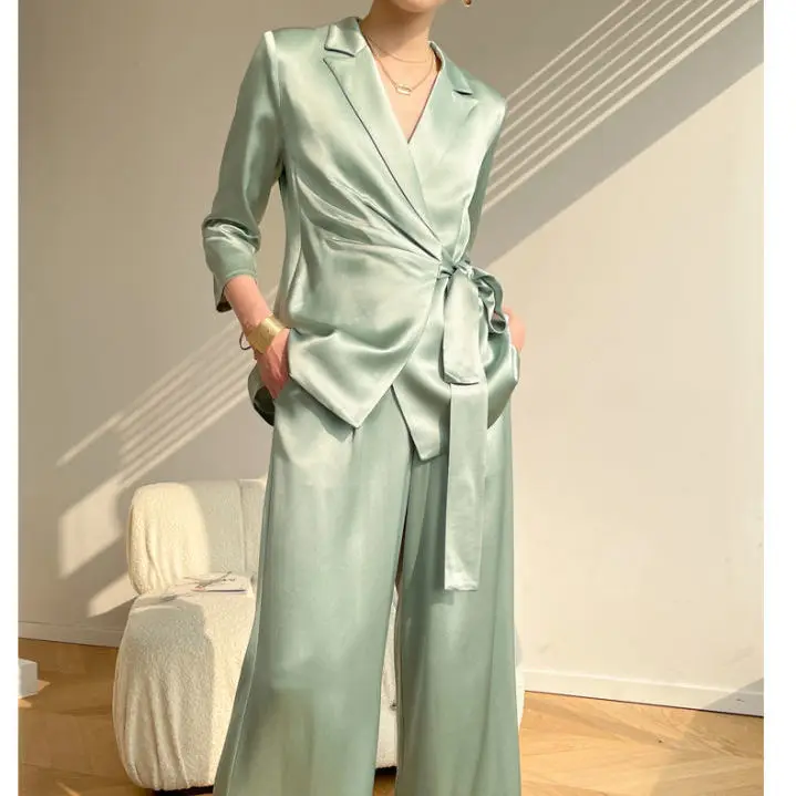 

Imitation silk triacetic acid Satin suit 2021 new spring summer thin high end suit wide leg pants two piece suit