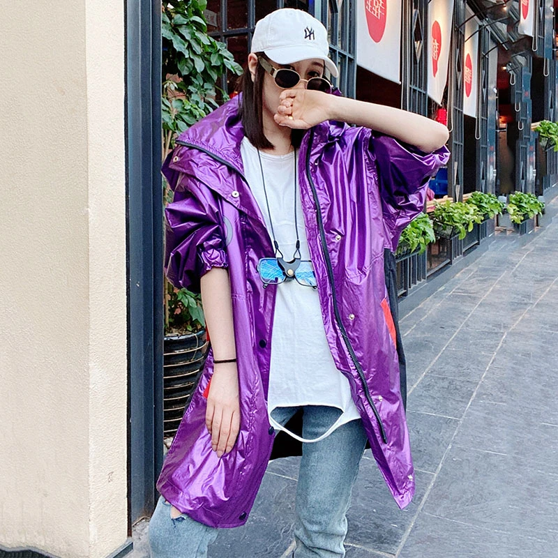 Новинка осени 2020 яркая серебристо фиолетовая Женская ветровка с капюшоном