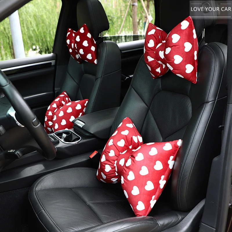 

Car Love Headrest Lumbar Support Car Winter Flannel Bowknot Neck Pillow Lumbar Pillow Car Interior Women