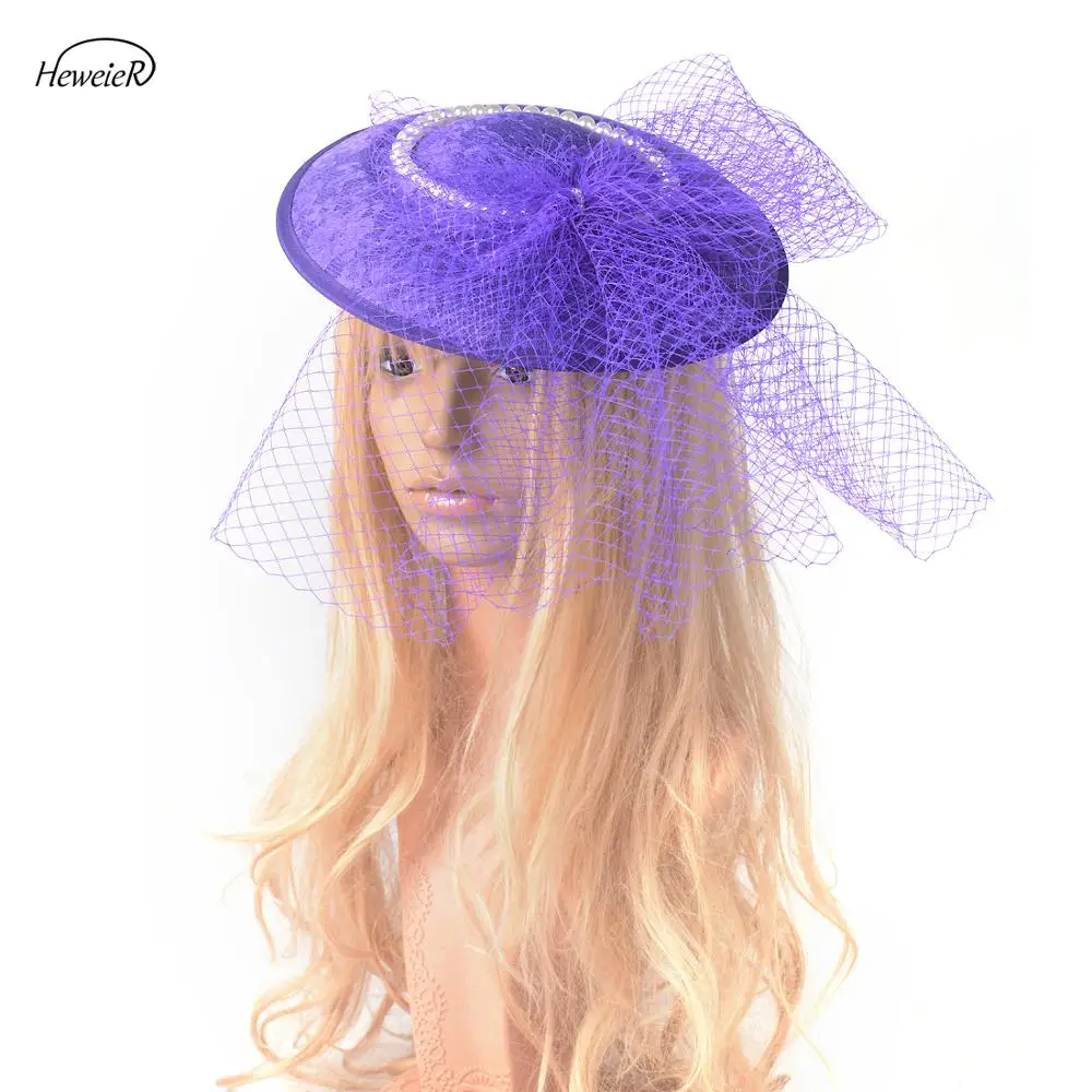 

Women Purple Bowknot Veil Pillbox Hat Wedding Ladies Headpiece Party Fascinator Clip