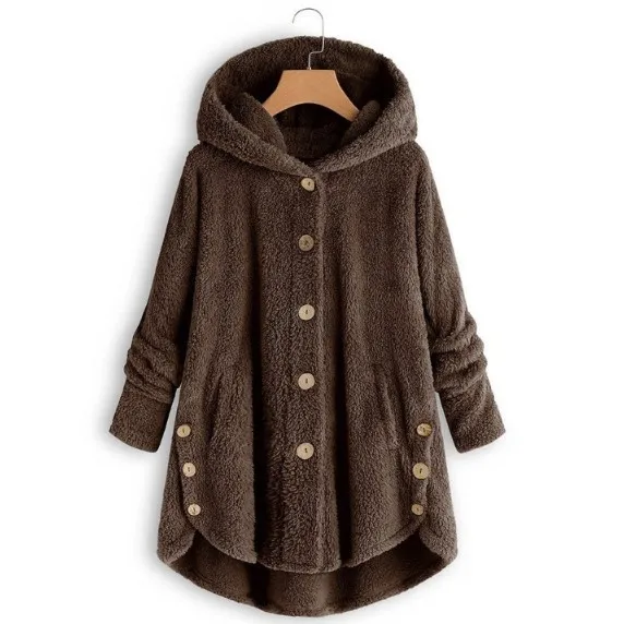

Winter Coats Hooded Fleece Fluffy Button Warm Padded Jacket Women Casual Pocket Single Breasted Solid Parkas Outwear Plus Size