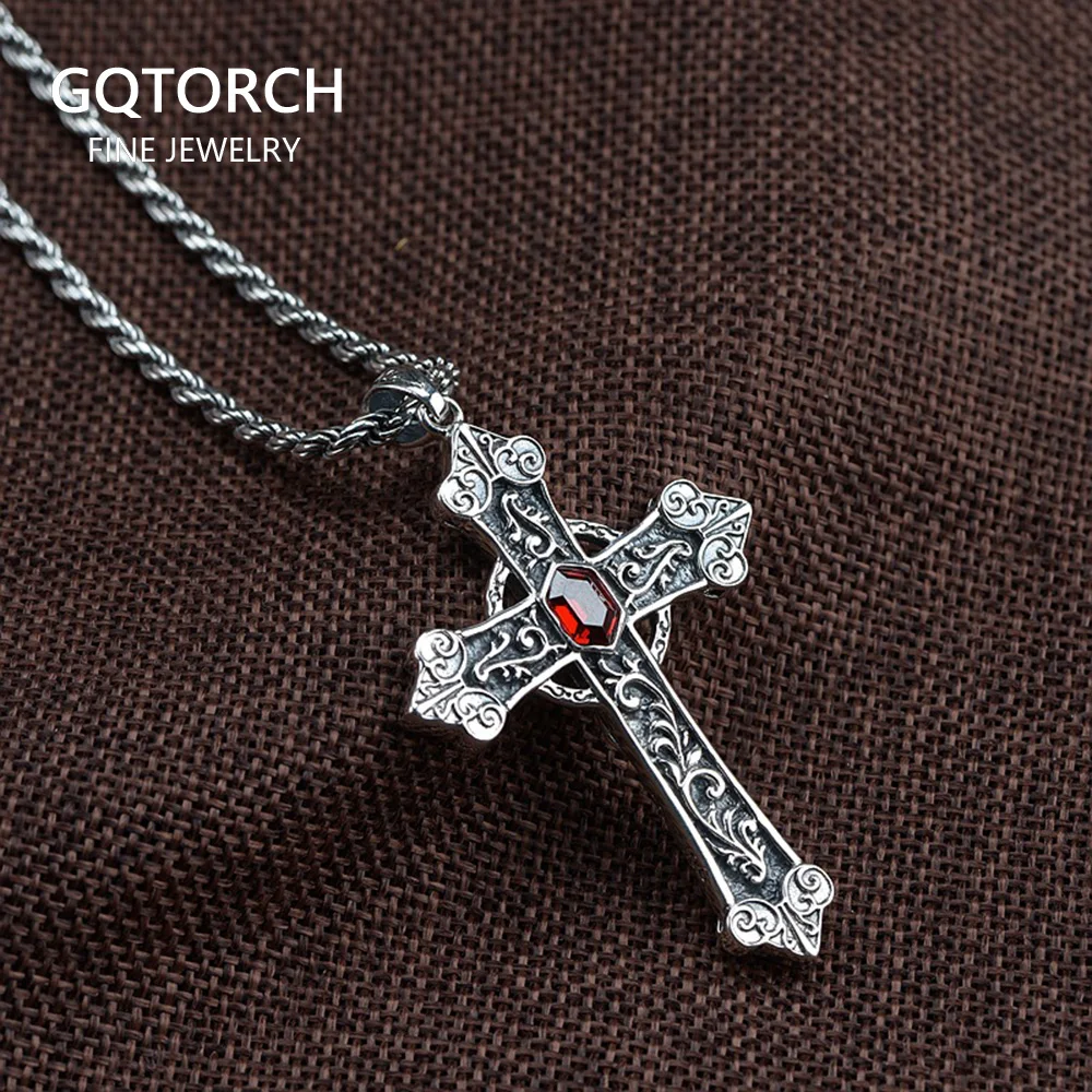 

925 Sterling Silver Catholic Cross Pendant Virgin Mary Men Women With Natural Garnet Stone Retro Punk Religious Jewelry
