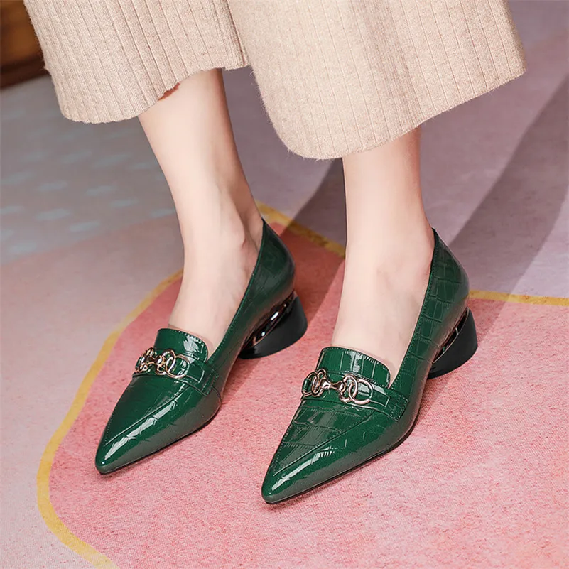 

ANNYMOLI Women Shoes Pointed Toe Real Leather Mid Heels Pumps Metal Decoration Ladies Shoes Block Heels Footwear Spring Green 42