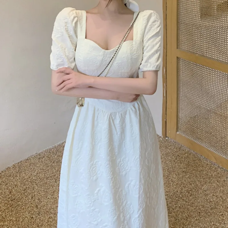 

New Fashion 2021 Summer Court Sexy Jacquard Pleated White Dresses Elegant Puff Sleeves Midi Slim Party Dress Vestido De Mulher