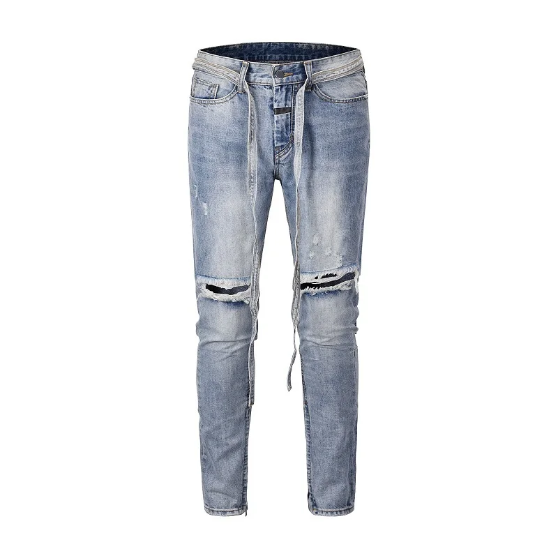 QoolXCWear Men Distressed Stretch Knee Ripped Hole Skinny Jeans Justin Bieber Street Wear Pencil Pants Trousers Clothes K67 | Мужская
