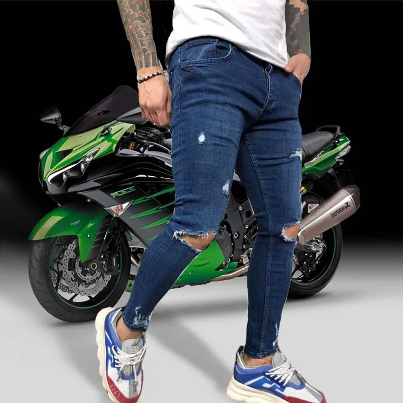 

Fashion Streetwar Black Skinny Jeans Men Knee Hole Ripped Stretch Slim Denim Pants Solid Color Elastic Hip Hop Motorcycle jeans