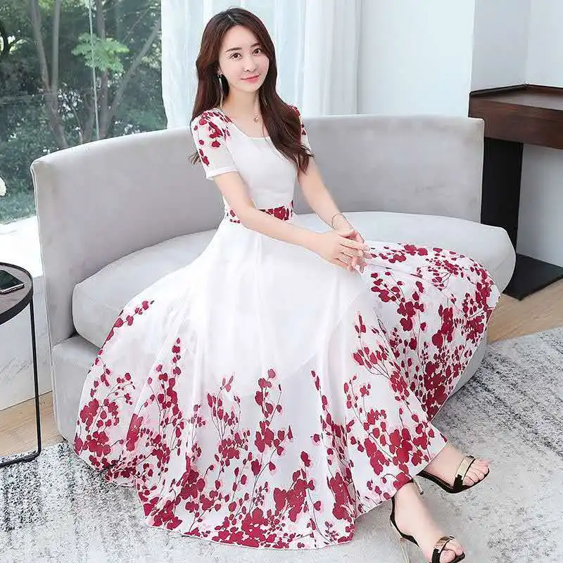 

Sexy Women 2022 Summer Boho Maxi Club Dress Flower Printed Chiffon Long Dress Party Robe Longue Femme Plus Size Vestidos W202