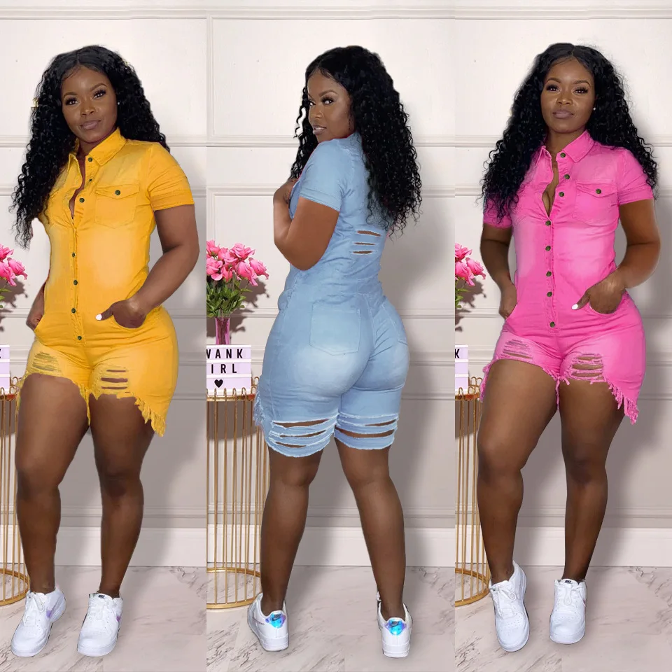 

Ladies denim jumpsuit plus size women's spring and summer fashion personality punk fan bike ripped denim jumpsuit