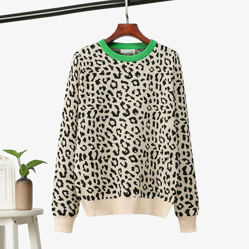 SINGRAIN Women Leopard Knitted Sweater Autumn Knit Tops Harajuku Fashion Pull Femme Oversized Basic Knitting Print Pullovers | Женская