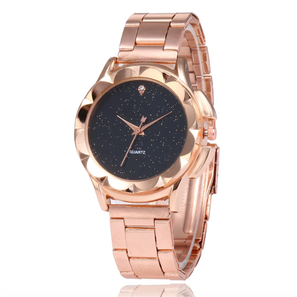 

2021 Fashionable Rose Gold Steel Strap Starry Sky Watch Hot Selling Flower-Shaped Case Diamond Women's Quartz Watch