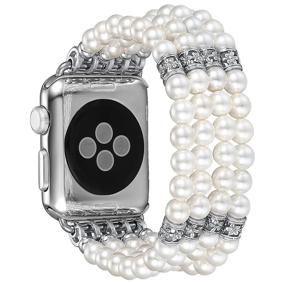 Women Pearl Stretch Strap for Apple Watch Band 44mm 42mm 38mm 40mm Replacement Bracelet Iwatch Series SE 6 5 4 3 2 1 accessories