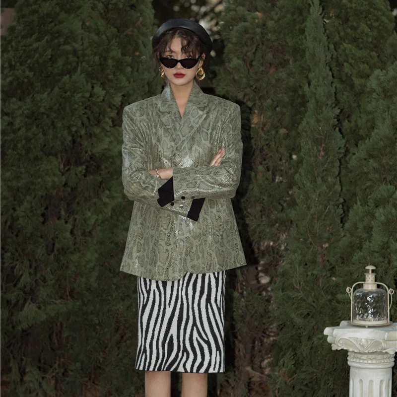 Новинка весна осень блейзер женский роскошный замшевая текстура Змеиный узор