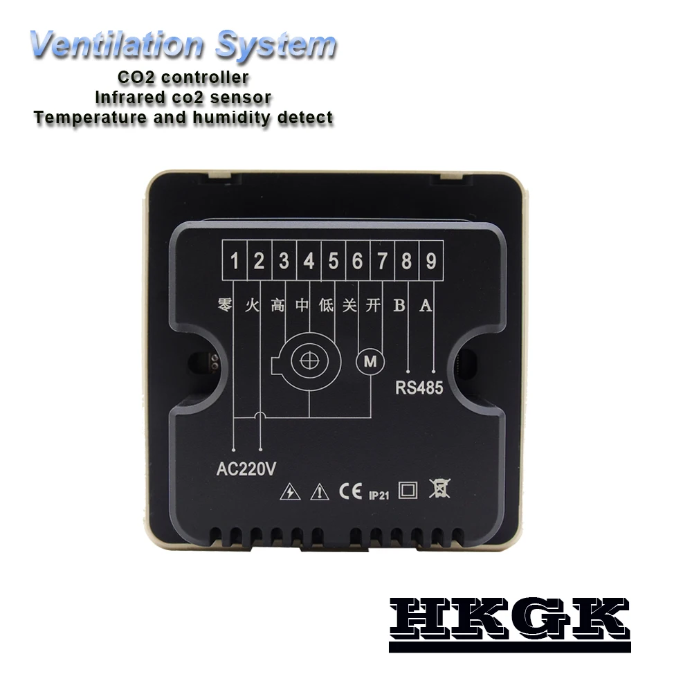 

220VAC NDIR carbon dioxide gas regulator with temperature and humidity monitoring, 3-speed fan output