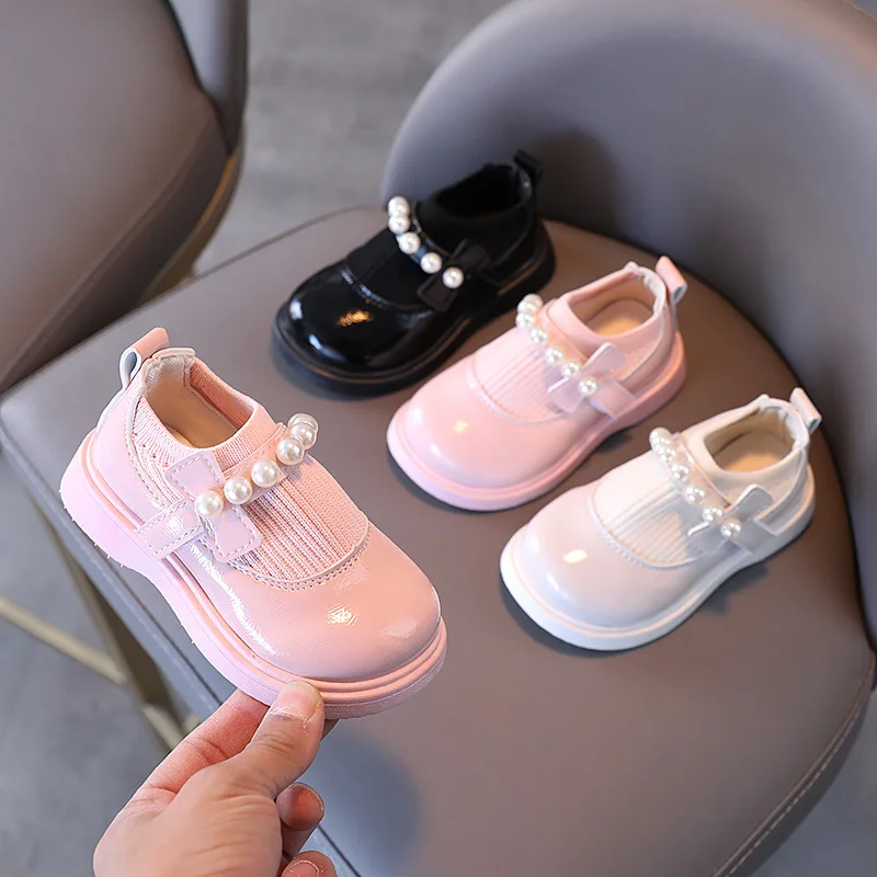 Children Artificial PU Girls Shoes British Style Soft Bottom Breathable Casual Princess Kids Pearl Leather For Girl |