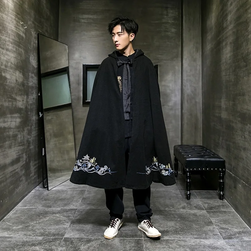 Мужской Длинный плащ с вышивкой черное кашемировое пальто в стиле ретро зимняя