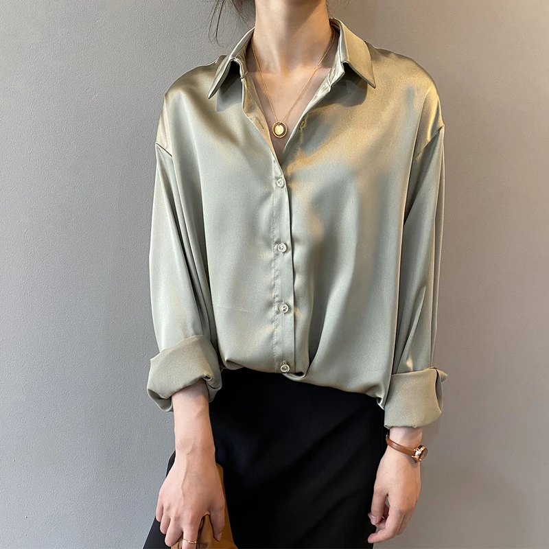 

female white lady long-sleeved female loose street shirt Autumn fashion buttoned shirt silk satin retro shirt