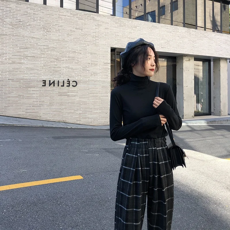 Harajuku, одноцветная футболка, Женская весенне-осенняя футболка, Корейская водолазка, тонкий длинный рукав, 90 s, черные белые футболки