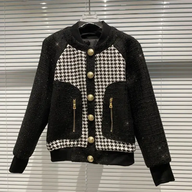 

New gold clasp zipper plover case splicing tweed jacket brief paragraph coat