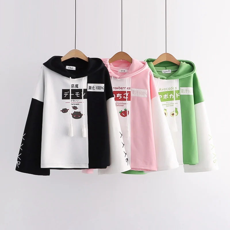 

Harakuju Embroidery Fleece Women Hoodies 2021 Winter Full Sleeve Drawstring Hooded Sweatshirt Female Kawaii Plus Velvet Pullover