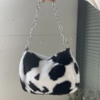 fashion faux fur women chain crossbody bags soft plush ladies purse handbags cow pattern female small shoulder underarm bag