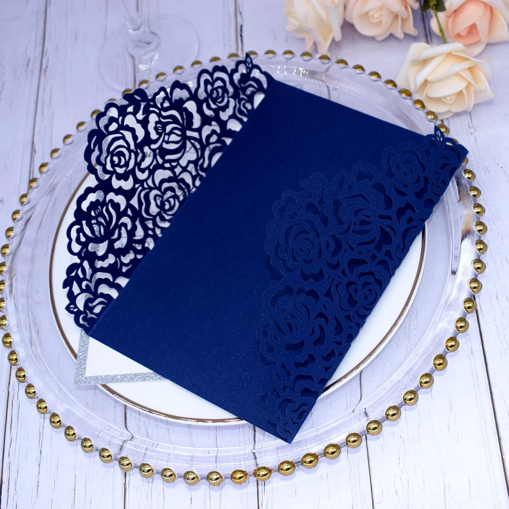 Приглашения на свадьбу с блестками темно синего и серебристого цветов 50