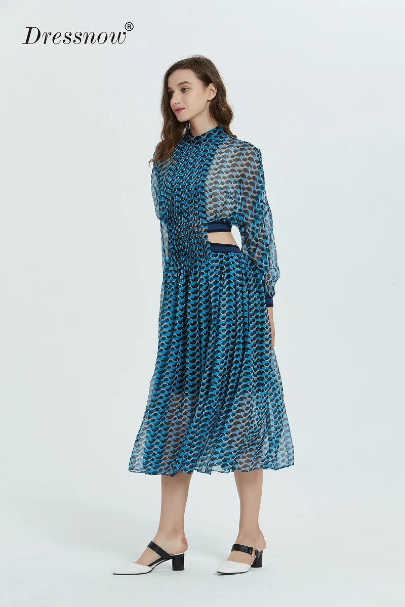 Dressnow, женское дизайнерское макси платье, для девушек, 3/4 рукав, геометрический принт, талия, с отверстиями, для праздника, повседневное, длинное, шифоновое