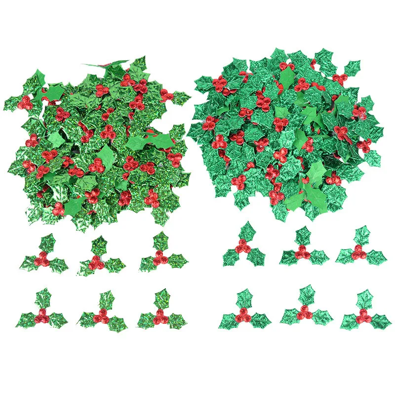 100Pcs Cute Glitter Green Holly Leaf And Red Berry Christmas Decoration Table Decoration Stick-on DIY Art Fabric Accessories