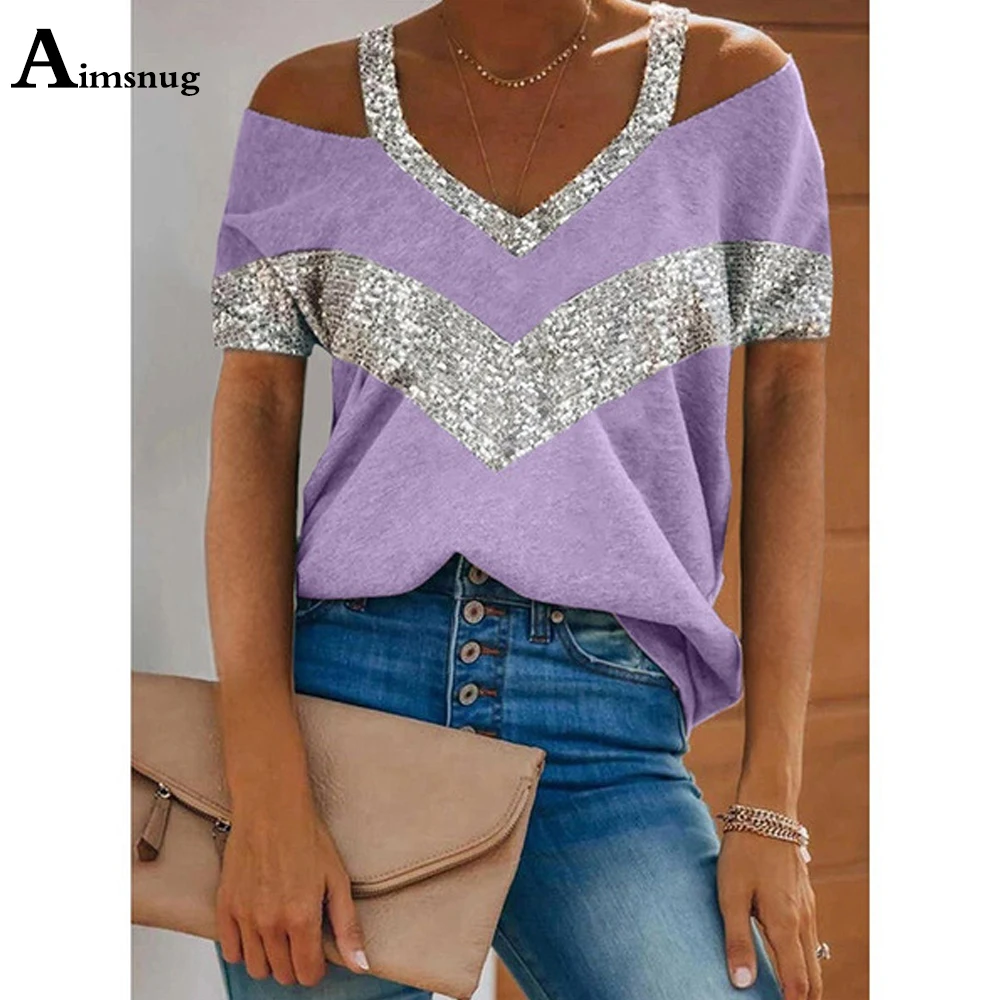 

Women 2021 Summer Basic Tops Hollow Out Short Sleeve V-Neck Patchwork T-Shirt Sequined Ladies Casual Tees Shirt Oversized Femme