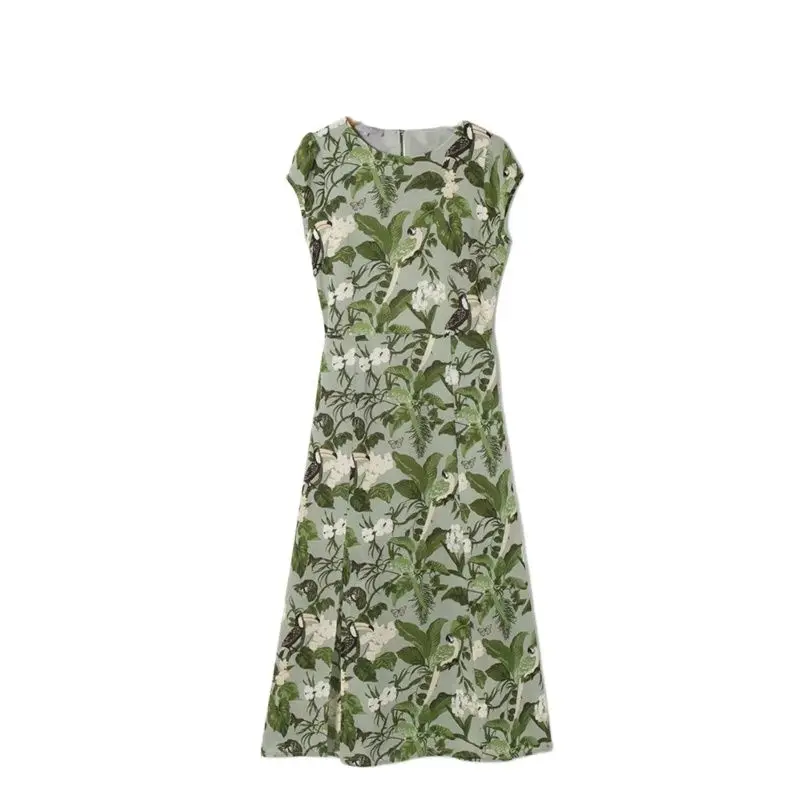 

SheMujerSky Women Flower Print O-neck Green Dress Summer Side Split Midi Dresses 2021 Bodycon Dress