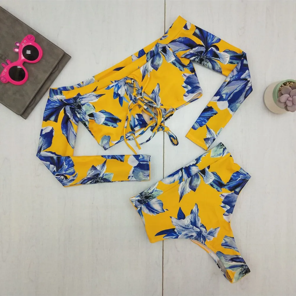 2019 желтого цвета с принтом в виде листьев Для женщин летние купальники бикини
