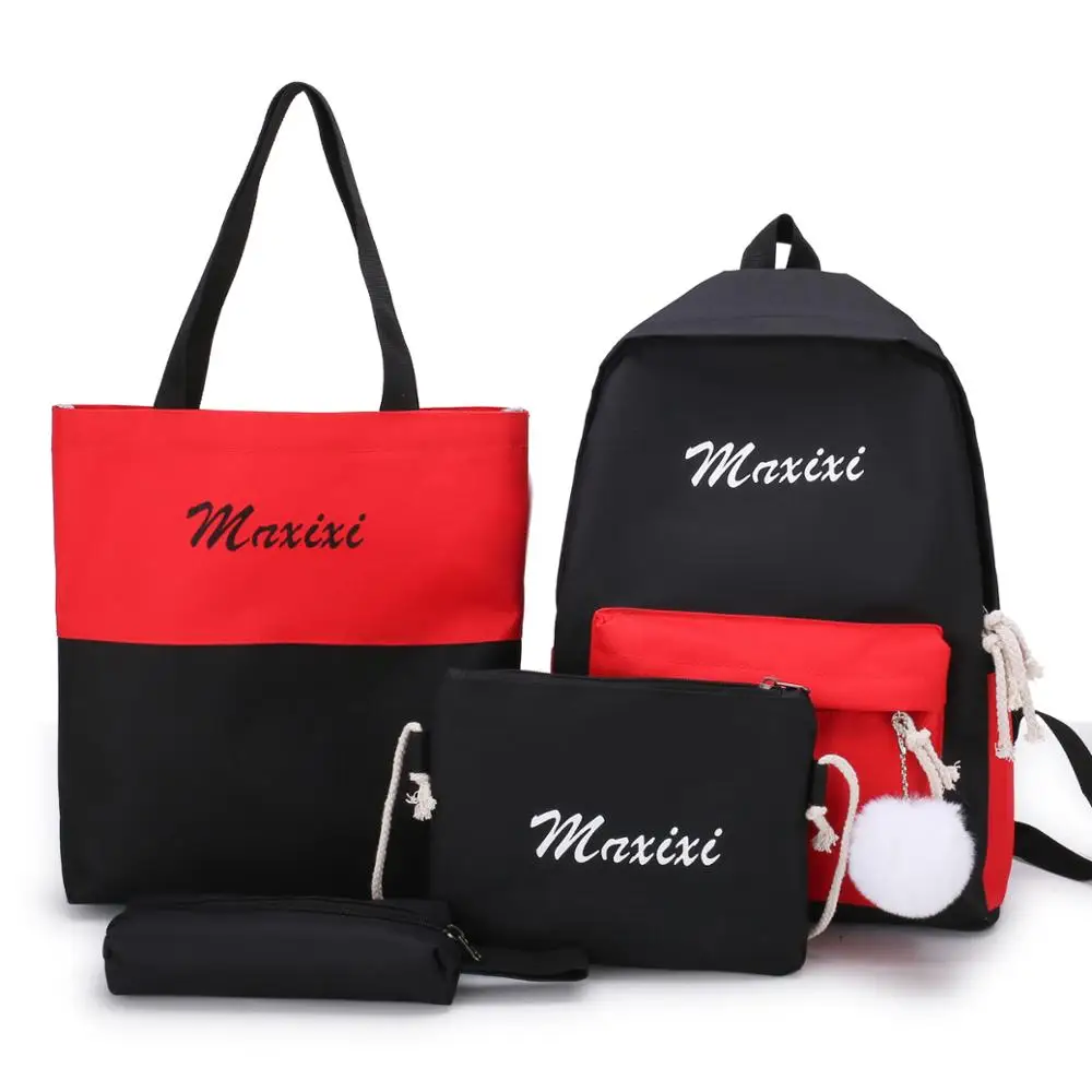 4Pcs/Set Canvas Backpack School Bags for Gilrs Teenagers 2019 Patchwork Rucksack Travel Shoulder Bags+Letter Purse+Pencil Case | Багаж и