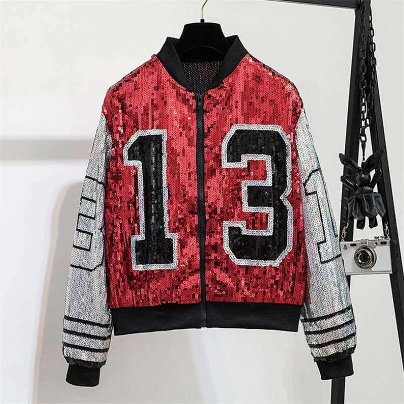 Женская куртка-бомбер с блестками Повседневная Свободная Базовая куртка