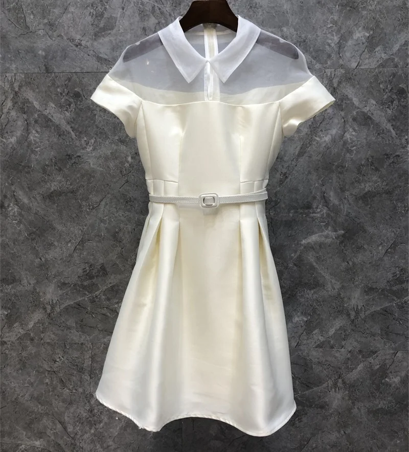 

Slim Fit & Flare Dress 2022 Summer Party Lady Turn-down Collar Sexy Tulle Mesh Patchwork Short Sleeve Elegant White Black Dress