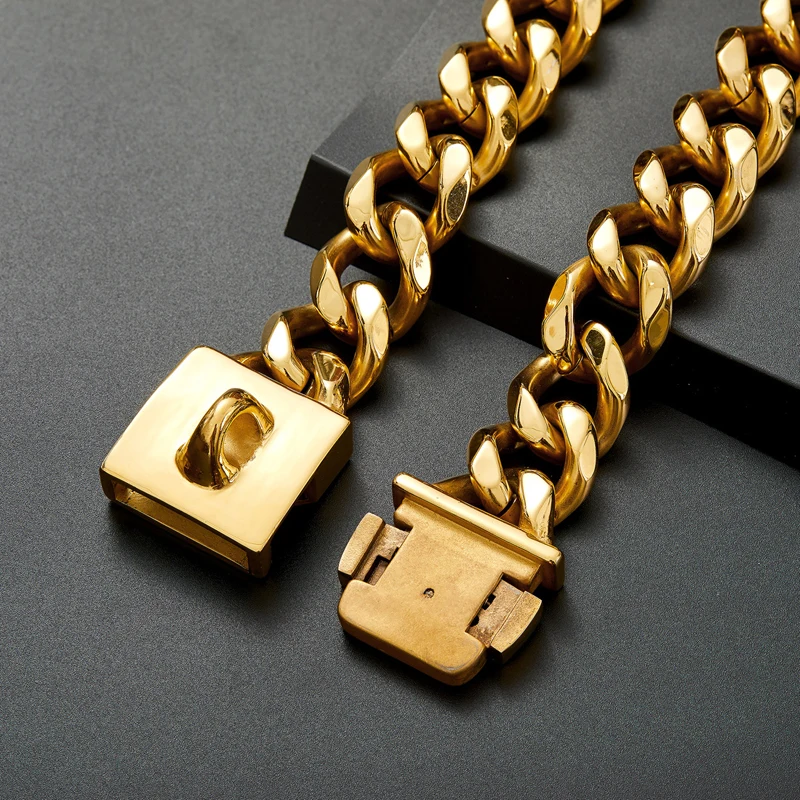 

23MM 18K Gold Chain Bully Dog Collar with Safety Lock Luxury Design Heavy Strong Metal Cuban Link Collars for Large Big Dogs