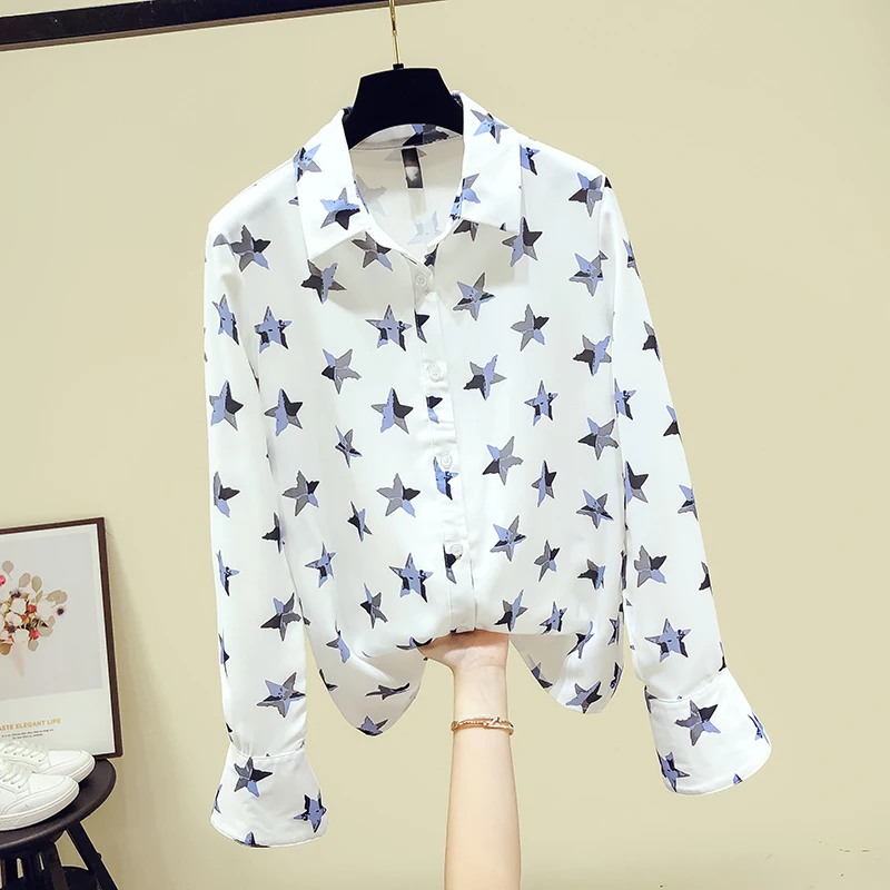 

Woman Shirts 2020 Autumn Women's Turn Down Collar Five-pointed star Long Sleevese Shirt Tops Ladies Blouses A3819