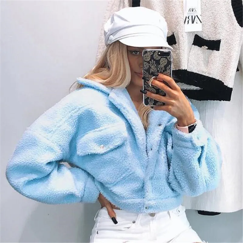 

Winter Warm Soft White Velvet Short Jacket Ladies Casual Long Sleeve Turn-Down Collar Fleece Coat With Pockets Blue Overcoats