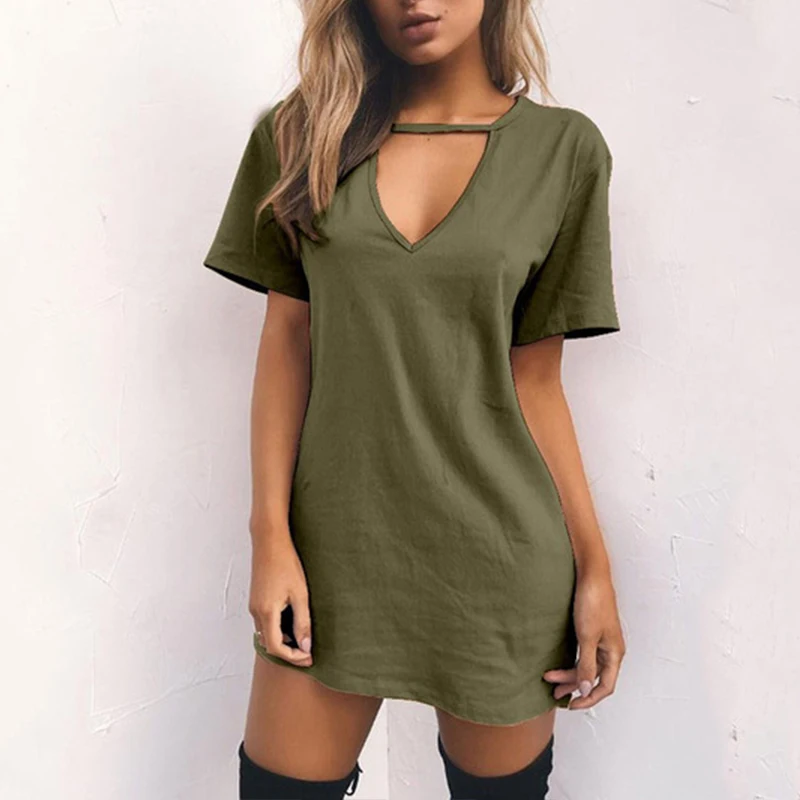 Faroonee 2020 Women Solid Color Loose Mini Dress Summer Classic V Neck Short Sleeve High Waist Hollow Slim Female Fashion | Женская
