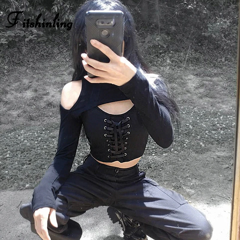 Темная хлопковая Футболка Fitshinling Goth для женщин водолазка с вырезами и открытыми