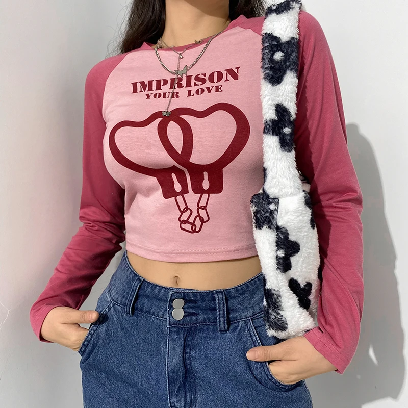 

Women Autumn Long Sleeve T-Shirt Ladies Pink Print O-Neck Patchwork Short Tops