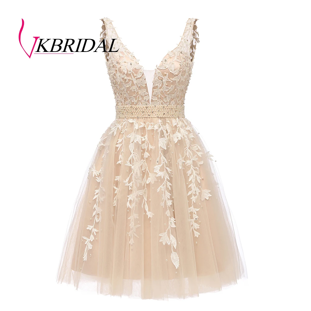 Женское короткое платье для выпускного вечера VKBRIDAL кружевное из тюля с глубоким v