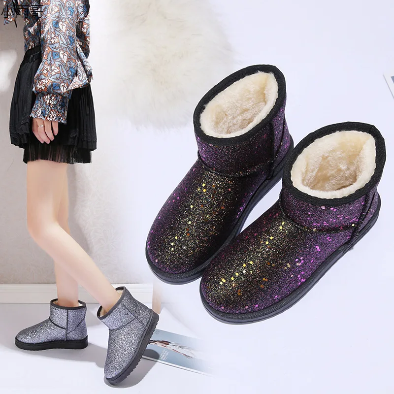 

2020 Winter New Sequined Designer Snow Boots Women's Thick Sole Non-slip Plus Velvet Warm Comfortable Cotton Shoes For Student
