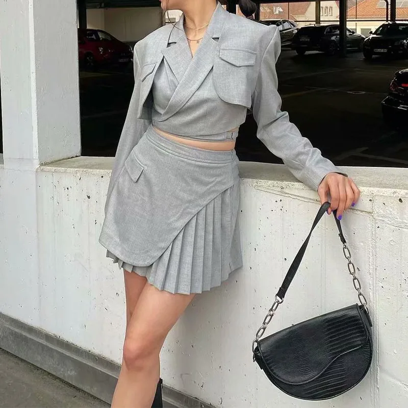 

Spring And Summer New Gray Casual Suit Jacket Slim Waistcoat Frenulum Irregular Pleated Skirt High Waist A-line Skirt Suit