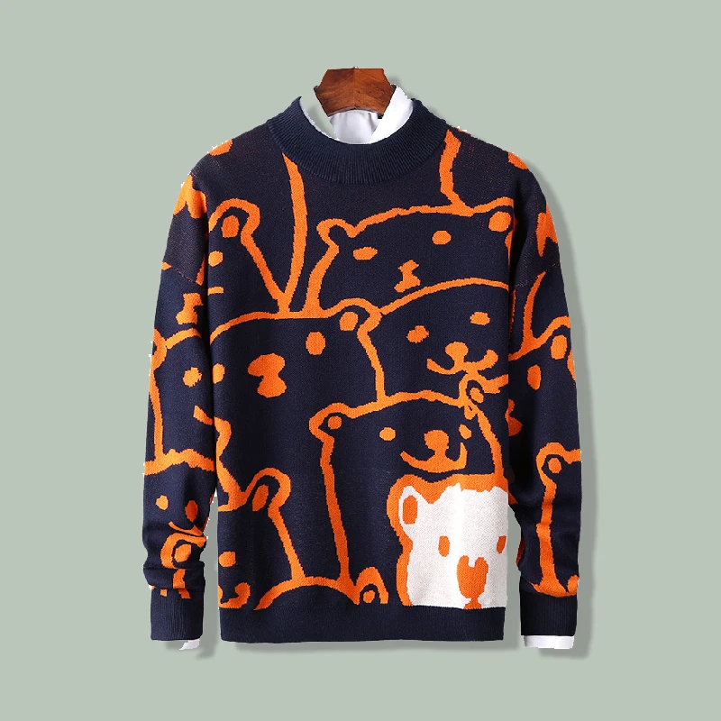 

Harajuku Polar Bear Pattern Print Trendy Sweater Hip Hop Streetwear Slim Casual Sweaters Autumn Round Neck Long Sleeve Pullovers