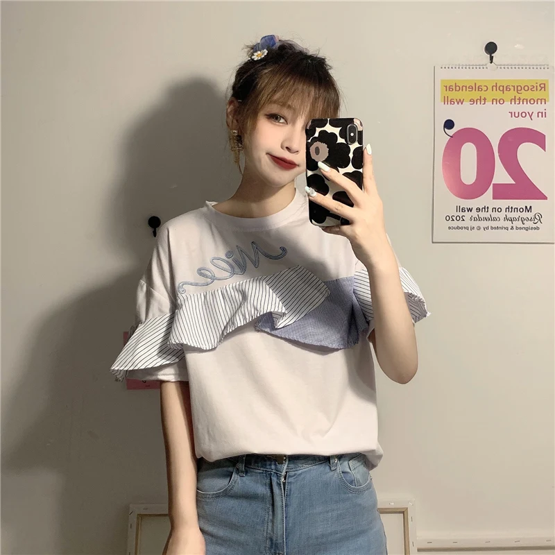 Женская футболка с коротким рукавом круглым вырезом и вышивкой букв в Корейском