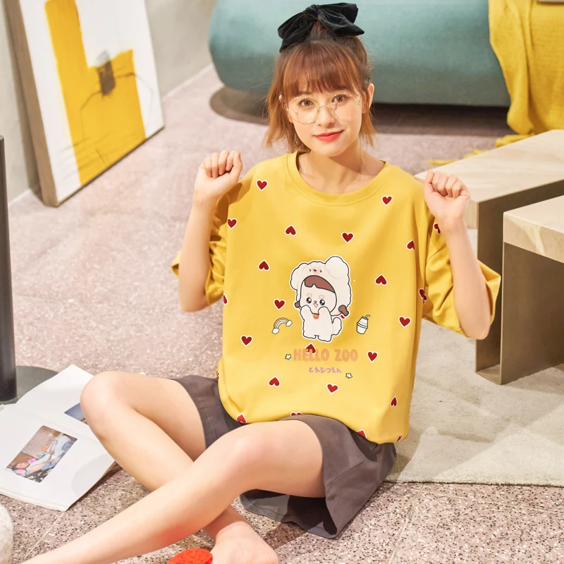 

Summer Cotton Pajamas Sets Cute Cartoon Love T-shirt + Shorts Nightwear Suit Korean Casual Yellow Short Sleeves Women Sleepwear