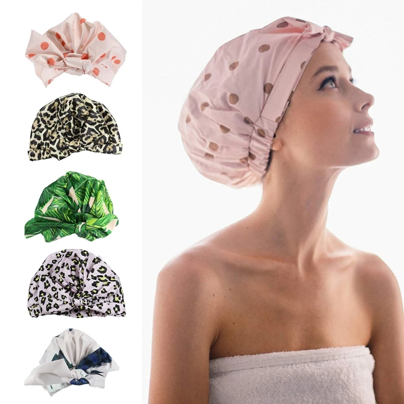 

Women Waterproof Silky Shower Cap Forehead Bowknot Strap Leaves Leopard Print Hair Protection Reusabe Beanie Bath Hat