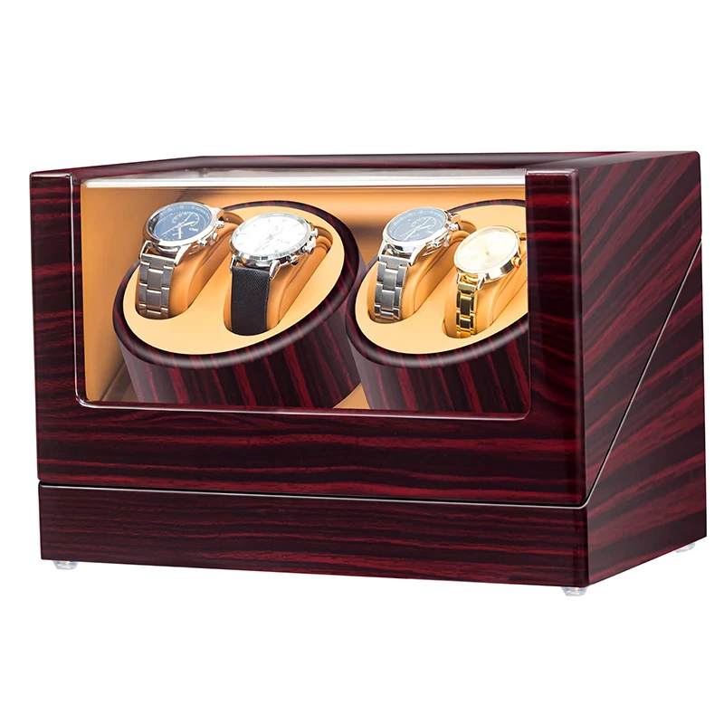 

5 Modes Ebony Baking Finish 4 Watch Winder for Automatic Watches with Extremely Quiet Motor Interior Brown PU Leather